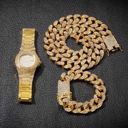 20mm Hip Hop Cuban Link Chain Set Necklace, Watch, Bracelet For Men