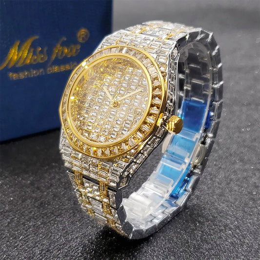 Luxury Brand Iced Diamond Watch With 18K Gold Plate For Men