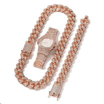 20mm Hip Hop Cuban Link Chain Set Necklace, Watch, Bracelet For Men