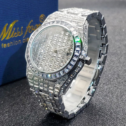 Luxury Brand Iced Diamond Watch With 18K Gold Plate For Men