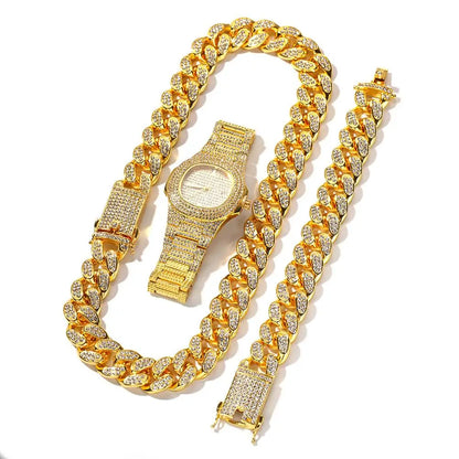 20mm Hip Hop Cuban Link Chain Set Necklace, Watch, Bracelet For Men