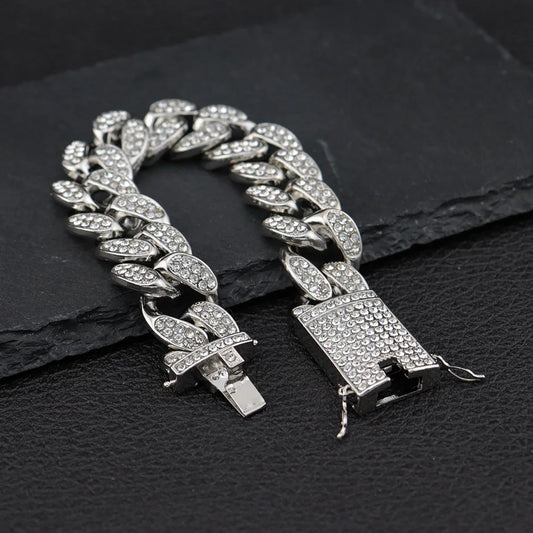 20mm Hip Hop Cuban Link Chain Set Necklace, Watch, Bracelet For Men