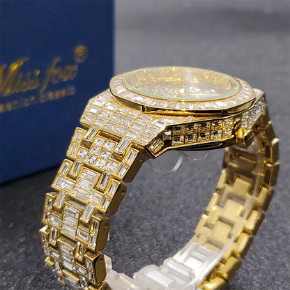 Luxury Brand Iced Diamond Watch With 18K Gold Plate For Men