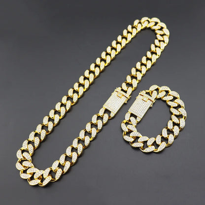 20mm Hip Hop Cuban Link Chain Set Necklace, Watch, Bracelet For Men