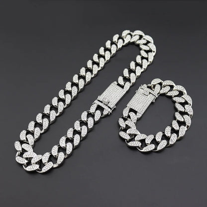 20mm Hip Hop Cuban Link Chain Set Necklace, Watch, Bracelet For Men