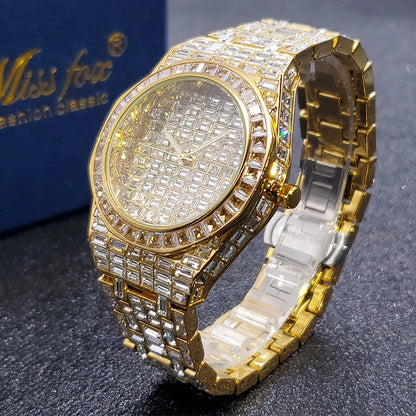 Luxury Brand Iced Diamond Watch With 18K Gold Plate For Men