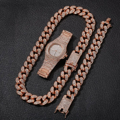 20mm Hip Hop Cuban Link Chain Set Necklace, Watch, Bracelet For Men