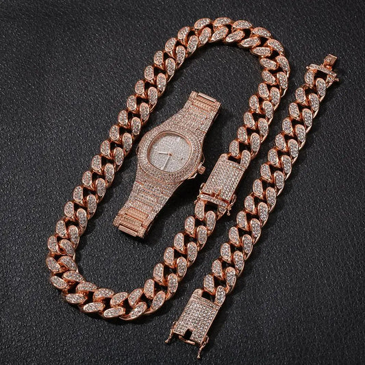 20mm Hip Hop Cuban Link Chain Set Necklace, Watch, Bracelet For Men