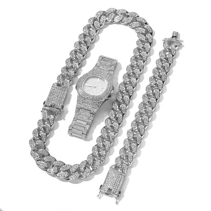 20mm Hip Hop Cuban Link Chain Set Necklace, Watch, Bracelet For Men