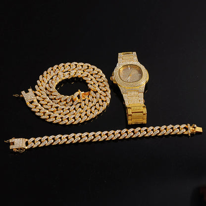 20mm Hip Hop Cuban Link Chain Set Necklace, Watch, Bracelet For Men