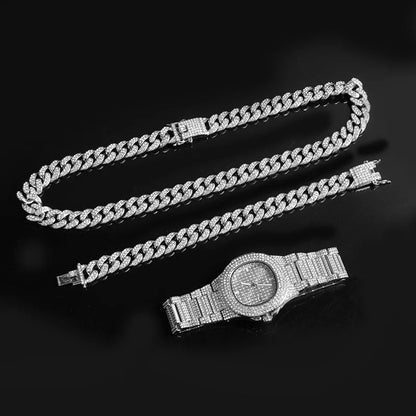 20mm Hip Hop Cuban Link Chain Set Necklace, Watch, Bracelet For Men