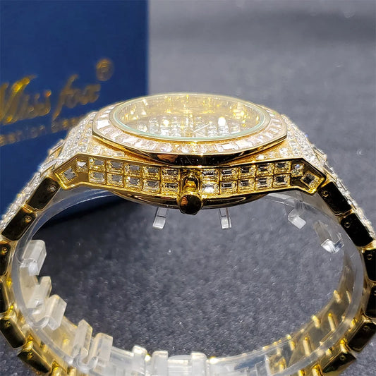 Luxury Brand Iced Diamond Watch With 18K Gold Plate For Men