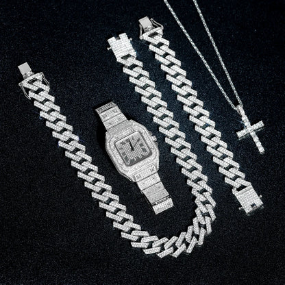 20mm Hip Hop Miami Cuban Link Set Necklace, Watch, Bracelet, Cross, For Men