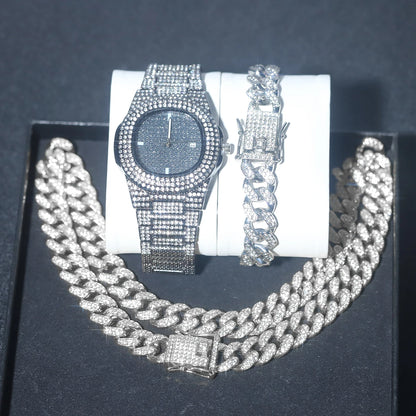 3pcs Stylish Classic Watch, Silver Cuban Chain, Bracelet For Men