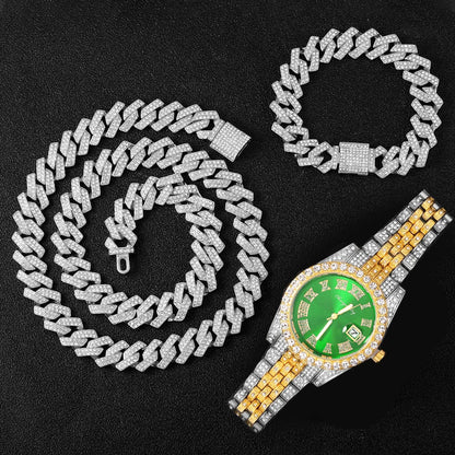 Hip Hop 16MM 3PCS KIT Watch, Cuban Necklace, Bracelet Crystal AAA+ For Men