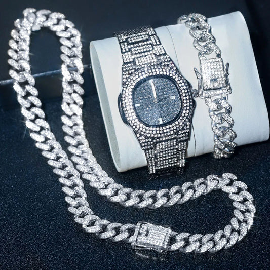 3pcs Stylish Classic Watch, Silver Cuban Chain, Bracelet For Men