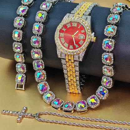 Hip-Hop Watch, Tennis Chain, Cross Necklace Set For Men