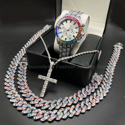 Hip Hop Cuban Link Set Necklace, Watch, Bracelet, Tennis Cross Chain For Men
