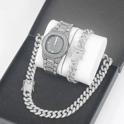 3pcs Stylish Classic Watch, Silver Cuban Chain, Bracelet For Men
