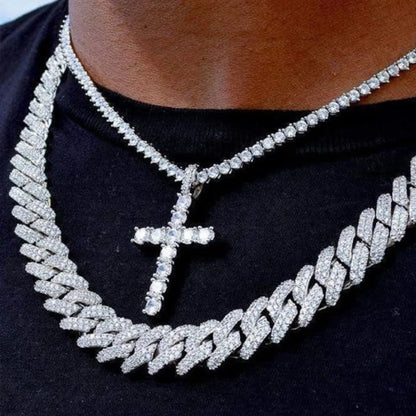 2PCS/Set Iced Out Cross Pendant Tennis Chain Necklace For Men