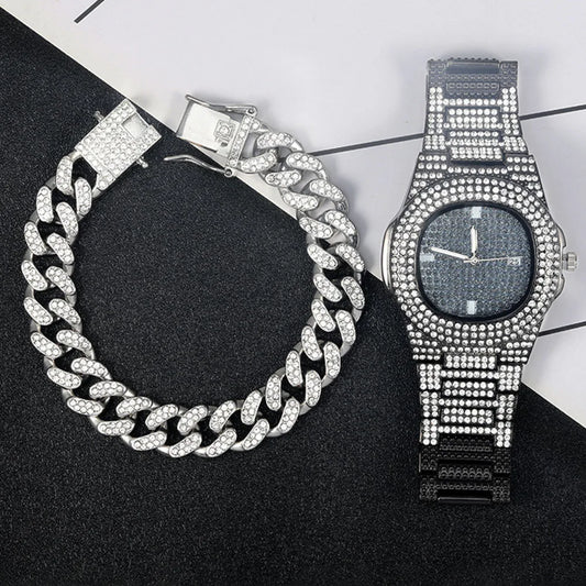 3pcs Stylish Classic Watch, Silver Cuban Chain, Bracelet For Men