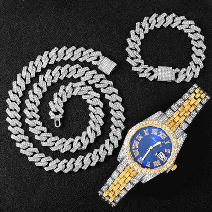 Hip Hop 16MM 3PCS KIT Watch, Cuban Necklace, Bracelet Crystal AAA+ For Men