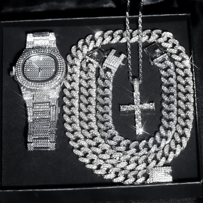 4pcs Classic Stylish Hip-hop Set For Men Watch, Cross, Cuban Chain & Bracelet