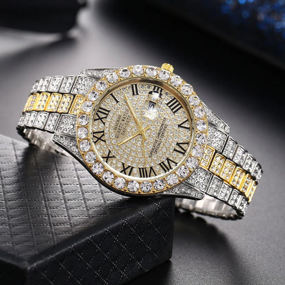 Custom Bling Fully Iced Out Men's Quartz Watch with Red, Green, Blue Dial Roman Numeral