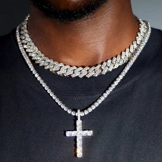 Hip Hop 2pcs Cross Tennis Chain 14MM Prong Cuban Necklace For Men