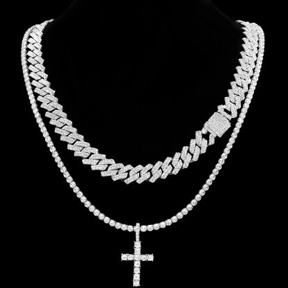 Hip Hop 2pcs Cross Tennis Chain 14MM Prong Cuban Necklace For Men