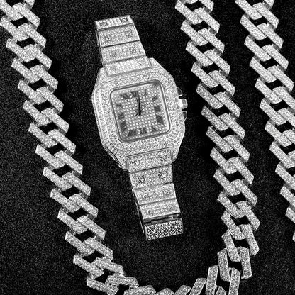 20mm Hip Hop Miami Cuban Link Set Necklace, Watch, Bracelet, Cross, For Men