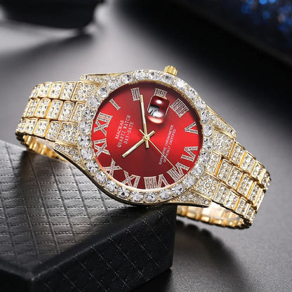 Custom Bling Fully Iced Out Men's Quartz Watch with Red, Green, Blue Dial Roman Numeral