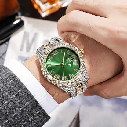 Custom Bling Fully Iced Out Men's Quartz Watch with Red, Green, Blue Dial Roman Numeral
