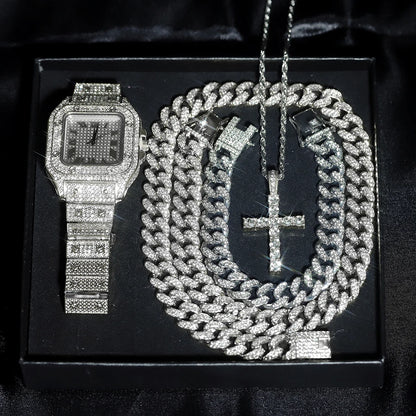 High Quality Set Sparking Cross, Pendant Necklace, Iced Necklace and Watch For Men