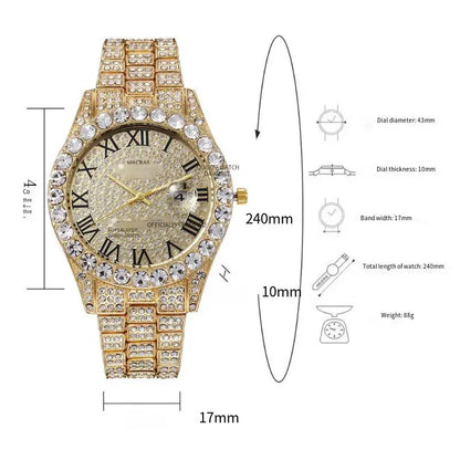 Custom Bling Fully Iced Out Men's Quartz Watch with Red, Green, Blue Dial Roman Numeral