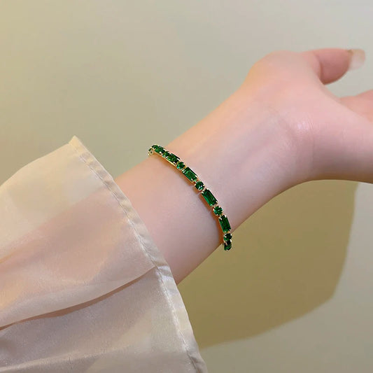 French Luxury Green Zircon Spliced Metal Copper Alloy Bracelet For Women