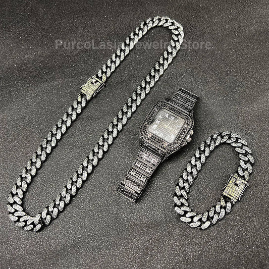 Iced Out Necklace, Watch and Bracelet Set for Men