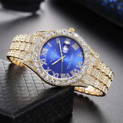 Custom Bling Fully Iced Out Men's Quartz Watch with Red, Green, Blue Dial Roman Numeral