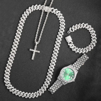 16mm Hip Hop Miami Set Necklace, Cross, Watch, Bracelet For Men