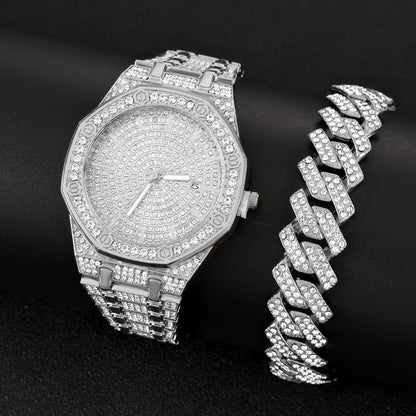 Iced Out Watch and Bracelet Set for Men