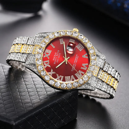 Custom Bling Fully Iced Out Men's Quartz Watch with Red, Green, Blue Dial Roman Numeral