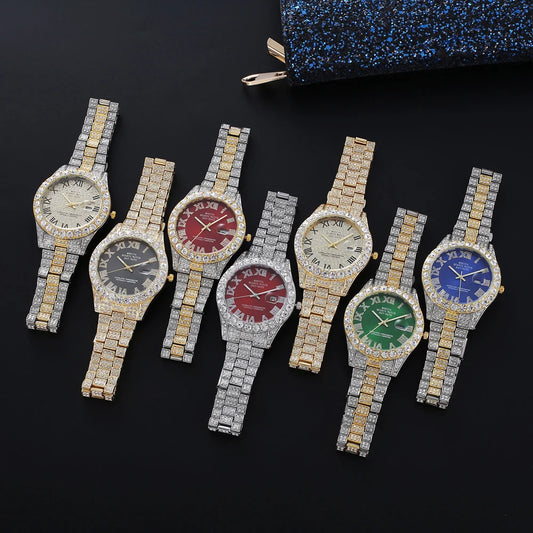 Custom Bling Fully Iced Out Men's Quartz Watch with Red, Green, Blue Dial Roman Numeral