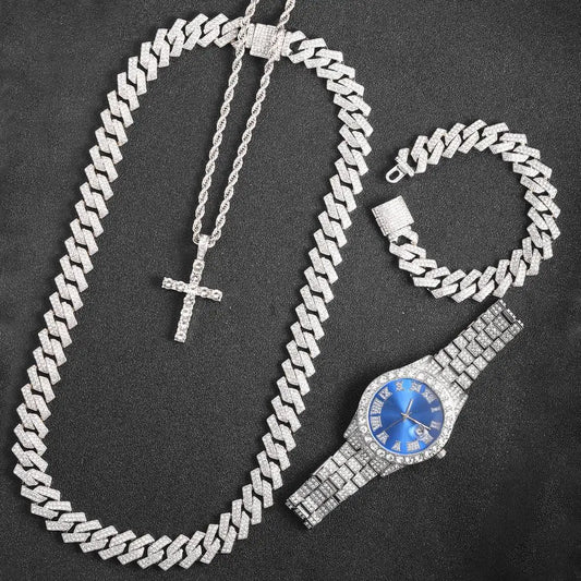 16mm Hip Hop Miami Set Necklace, Cross, Watch, Bracelet For Men