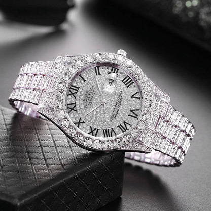 Custom Bling Fully Iced Out Men's Quartz Watch with Red, Green, Blue Dial Roman Numeral