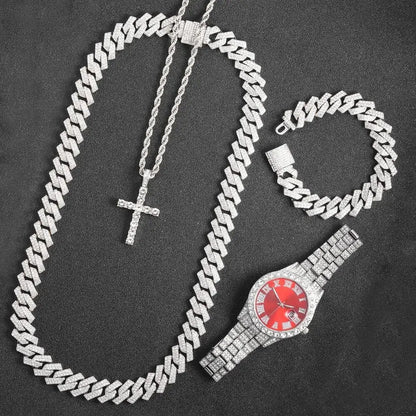 16mm Hip Hop Miami Set Necklace, Cross, Watch, Bracelet For Men