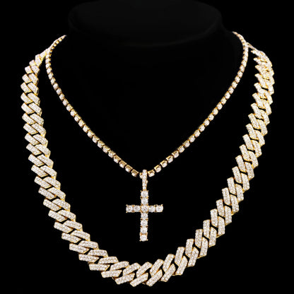 2PCS/Set Iced Out Cross Pendant Tennis Chain Necklace For Men