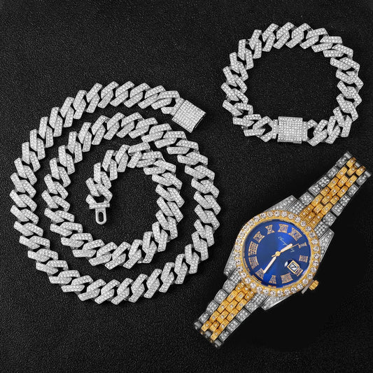 Hip Hop 16MM 3PCS KIT Watch, Cuban Necklace, Bracelet Crystal AAA+ For Men