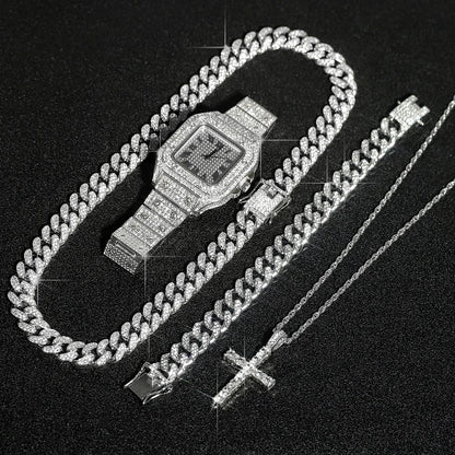 High Quality Set Sparking Cross, Pendant Necklace, Iced Necklace and Watch For Men
