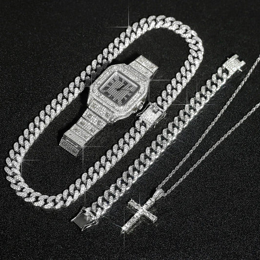 High Quality Set Sparking Cross, Pendant Necklace, Iced Necklace and Watch For Men