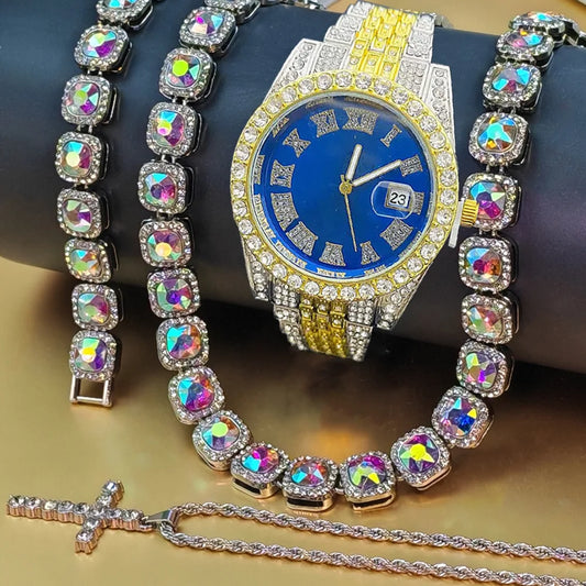 Hip-Hop Watch, Tennis Chain, Cross Necklace Set For Men